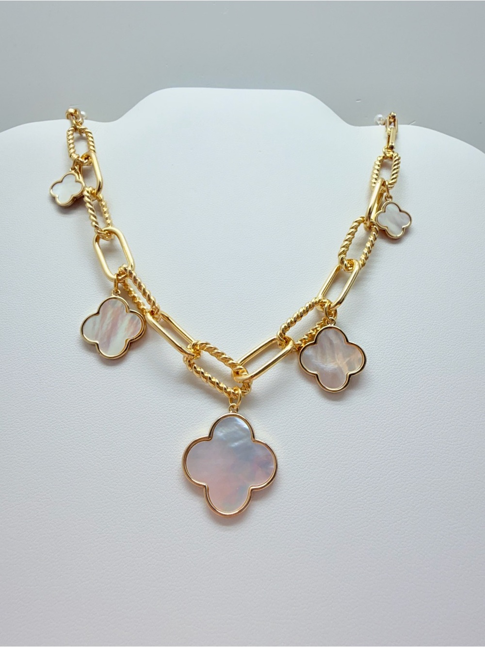 Gold Plated Clover Pendant Necklace with Mother of Pearl Inlays